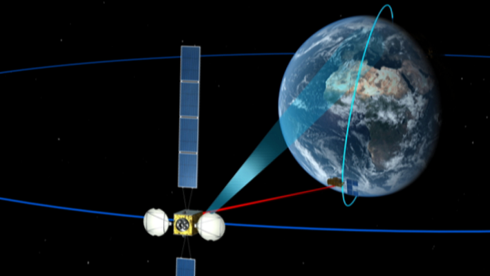Image 3D issue du film d’animation 3D « Orbites et fréquences », pour l’exposition permanente « Objectifs Terre : la révolution des satellites» à la Cité des Sciences et de l'Industrie